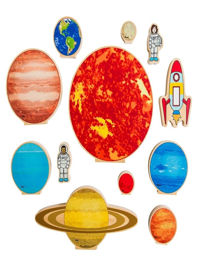 THE FRECKLED FROG Traveling in Space - Set of 12 - Ages 2+ - Wooden Blocks for Toddlers - Includes Planets, Sun, Astronauts and Rocket - Double-Sided - Image 1